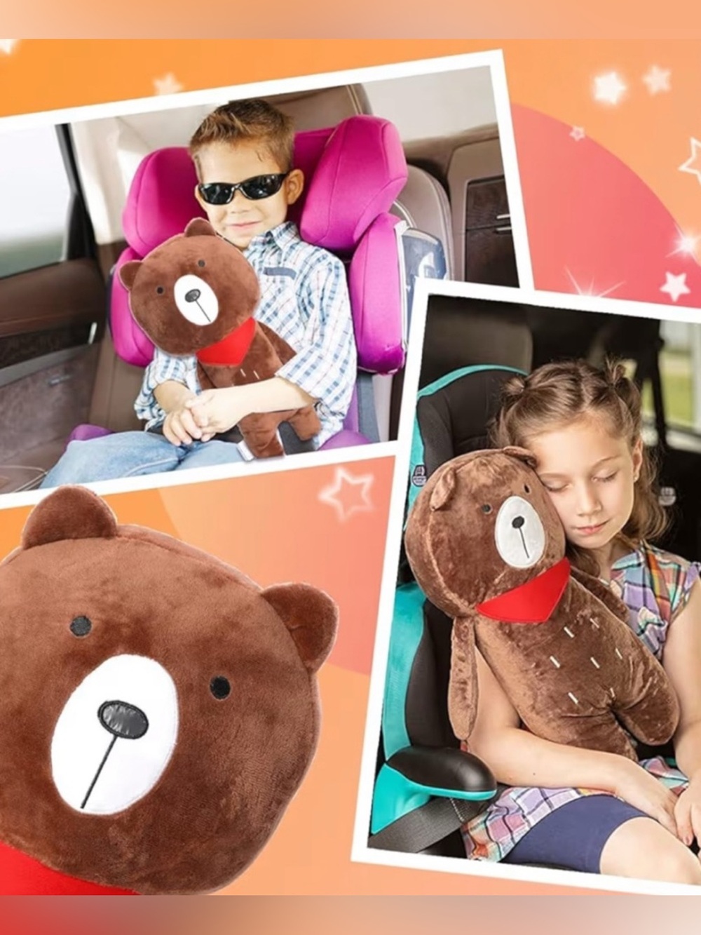 4/$15 Seat Belt Pillow Cover For Kids Plush Brown Bear with Red Bandana